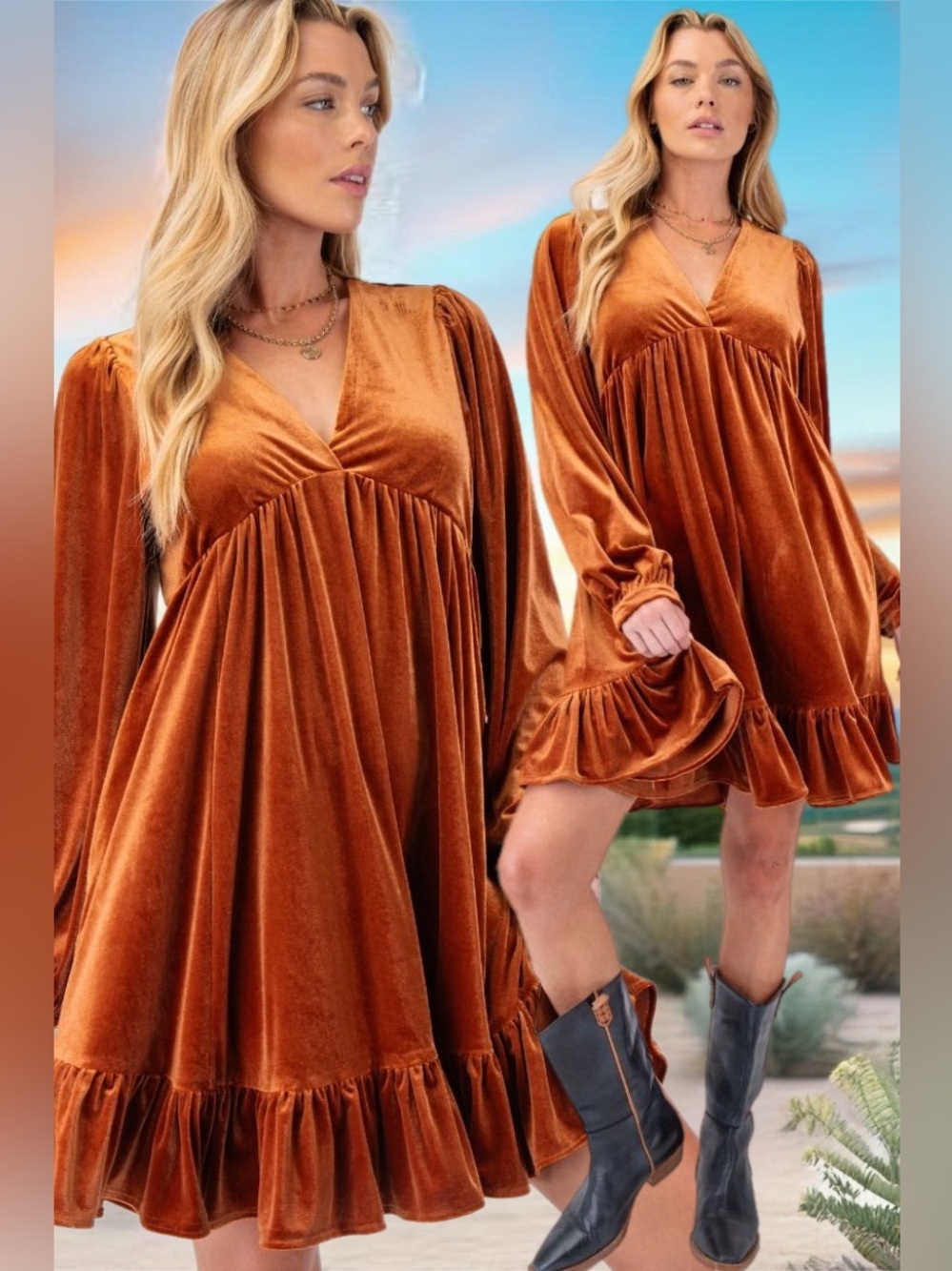 Easel Ember Solstice Long Sleeve Velvet Shift Dress Burnt Orange New NWT Medium